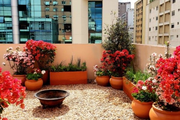 Foto de jardim toscano em terraço com flores vermelhas e outras plantas em vasos e um tacho