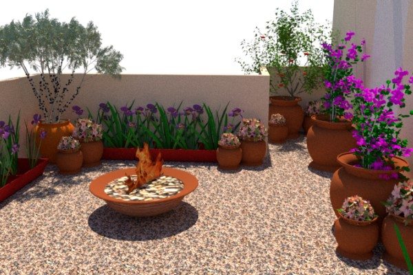 Desenho 3D de jardim toscano em terraço com flores vermelhas e outras plantas em vasos e um tacho